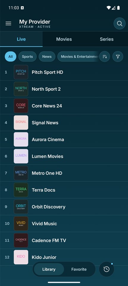 The channel list in Zaptik, showing twelve channels with their logos