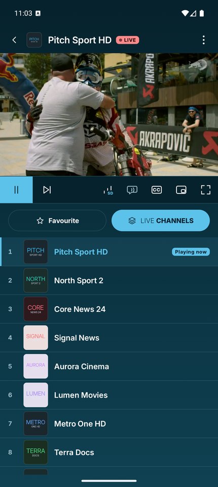 A live channel playing in Zaptik with the channel list underneath